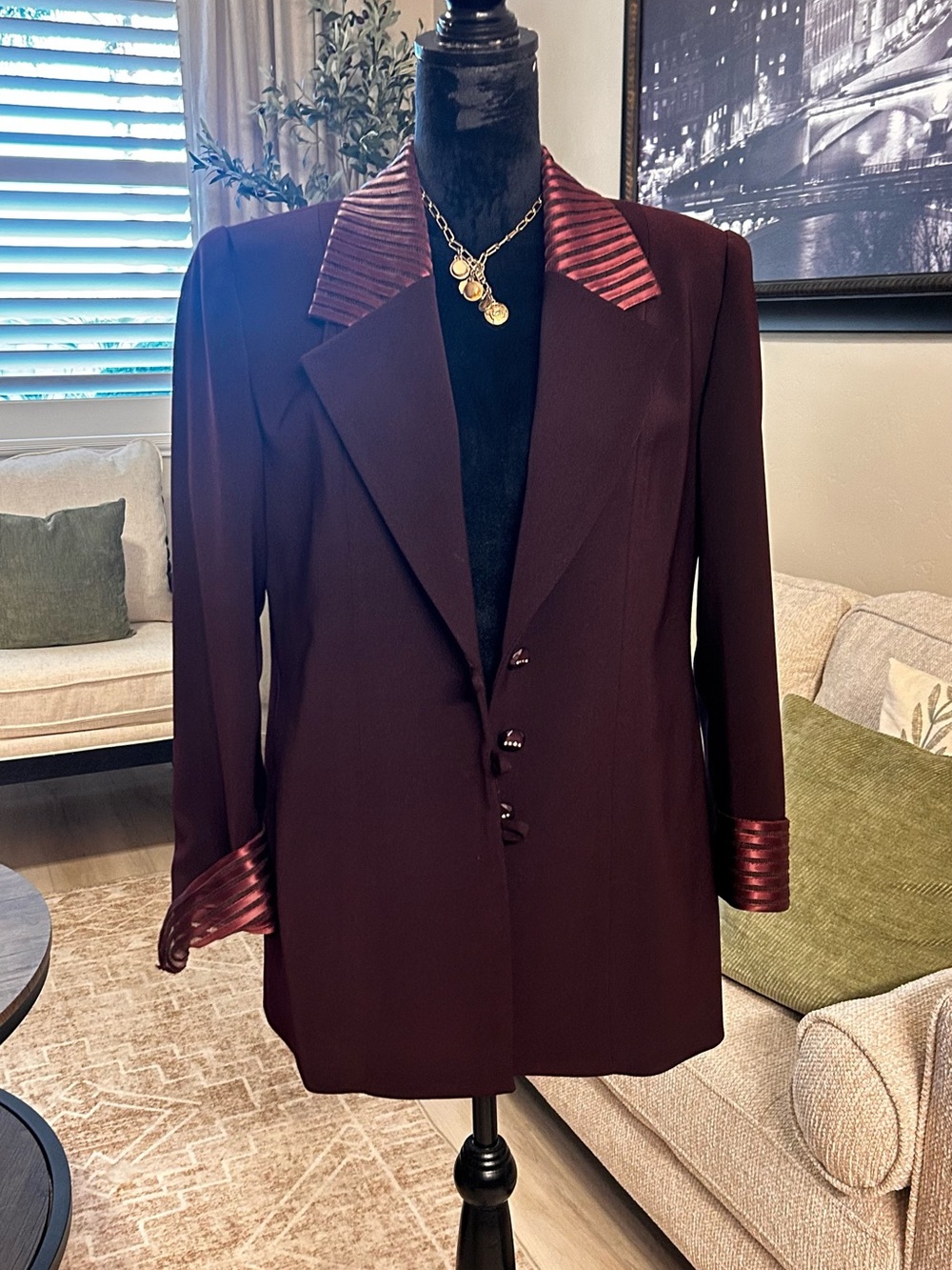 Men's Burgundy Pea Coat with Satin-Trim Collar